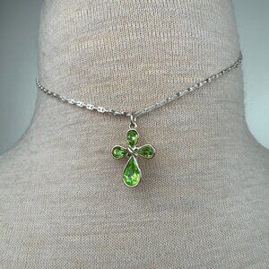 Avon Silver Tone Green Rhinestone Cross Necklace 14.5"